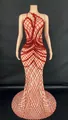One-shoulder sleeveless floor-length dress with red rhinestone diamond pattern - S / Bottoms / Red