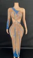 Detail of sexy blue one-shoulder long sleeve dress with rhinestones and waist cut-outs - S / Dresses / Blue