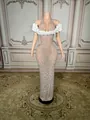 Elegant nude evening gown featuring sparkling rhinestones and white rose off-shoulder details - S / Tops / Champagne With White Flower