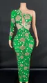 Grünes Ein-Schulter-Abendkleid mit Pailletten-Blumenstickerei und Kristallfransen - S / Oberteil Und Unterteil / Sattes Grün
