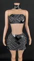 Sexy black strapless rhinestone crop top and high waist bodycon mini skirt set - Black