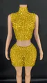 Glamorous yellow rhinestone embellished high neck sleeveless crop top and mini skirt set - Yellow
