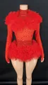 Glamorous red rhinestone bodysuit featuring ruffled mesh shoulders and waist design - S / Top And Bottom / Red