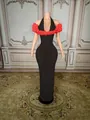 Detailed view of elegant black long evening gown with red rosette shoulder decorations - S / Tops / Black With Red Flower