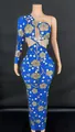 Elegantes blaues One-Shoulder-Abendkleid mit Ausschnitt an der Taille und Kristallen - S / Oberteil Und Unterteil / Blau