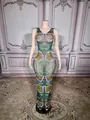Elegant sheer black bodycon maxi dress with colorful rhinestones for music festival - S / Top And Bottom / Green