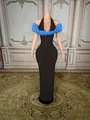 Full-length slim fit black sleeveless evening dress with blue floral shoulder accents. - S / Tops / Black With Blue Flower
