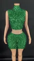 Fashionable green rhinestone two-piece set with mock neck top and mini skirt - Green