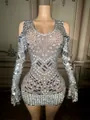 Detailed view of sparkling silver crystals and mirror sequins on a mesh V-neck mini dress - S / Tops / Silver Gray