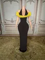 Elegant black halter neck evening gown featuring yellow floral off-the-shoulder details. - S / Tops / Black With Yellow Flower