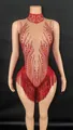 Detailansicht des roten Strass-Bodysuits mit langen Fransen für spektakuläre Auftritte - S / Rot