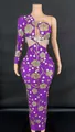 Élégante robe de soirée violette à une épaule avec cristaux floraux et découpe à la taille - Violet