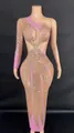 Front view of a one-shoulder long-sleeved dress with pink panels and rhinestones. - S / Dresses / Pink