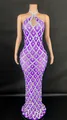 Halter neck purple floor-length dress with silver sequins and teardrop crystals - Lavender