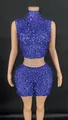 Sparkling blue rhinestone two-piece party outfit with mock neck sleeveless top and skirt - Blue