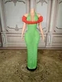 Detail of a floor-length green rhinestone evening dress with red shoulder flowers - S / Tops / Green With Red Flower