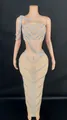 Elegant two-piece nude mesh set featuring silver rhinestone V-pattern crop top and long skirt - S / Top And Bottom / Silver Rhinestone