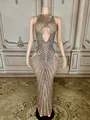 Detailed view of luxury rhinestone mesh floor-length gala dress for parties - S / Top And Bottom / Apricot