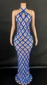 Elegant blue halter neck floor-length dress with sequin lattice and waterdrop rhinestones - Blue (with Rhinestones)