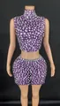 Sexy purple high-neck sleeveless rhinestone crop top and tight mini skirt two-piece set - Purple With White Rhinestone