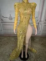 Elegant gold high-neck long-sleeve evening gown with rhinestones and high slit - S / Yellow