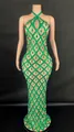 Green halter neck maxi dress with sparkling sequins and emerald waterdrop rhinestones. - Green
