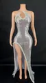 Silver sequin long dress with a high side slit and unique halter neckline detail - S / Silver