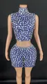 Sexy blue rhinestone two-piece set with mock neck sleeveless crop top and mini skirt - Sapphire Blue