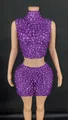 Sparkling purple sleeveless rhinestone crop top and bodycon mini skirt two-piece set - Dark Violet
