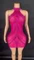 Close-up of pink halter mini dress adorned with sparkling rhinestones and sequins - S / Top And Bottom / Rose Red