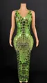 Detailed view of fluorescent green mirrored sequins on a slim party evening gown - S / Top And Bottom / Grass Green