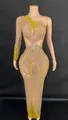 Elegant skin-tone one-shoulder bodycon dress featuring yellow accents and sparkling rhinestones - S / Dresses / Yellow
