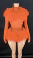 Vibrant orange rhinestone bodysuit with ruffled tulle tutu for stage performance - S / Top And Bottom / Orange Red