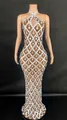 Sparkling silver diamond mesh halter gown with teardrop crystals for pageants and events - White Zircon