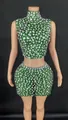 Sexy green high-neck sleeveless crop top and rhinestone mini skirt set on mannequin - Emerald Green