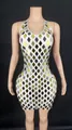 Frontal view of a white halter mini dress featuring gold and silver diamond mirrors for parties - S / Top And Bottom / White