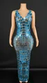 Stunning light blue sleeveless evening gown with mirrored rectangular sequins decoration. - Blue