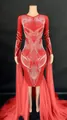 Stunning red rhinestone stage performance dress with long sleeves and large tulle train - S / Red