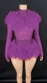 Elegant purple long-sleeved bodysuit featuring full rhinestones and puffy tulle ruffles - S / Top And Bottom / Purple
