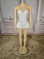 Full view showing intricate pearl beading and fringe detail on white stage bodysuit - S / Top And Bottom / White