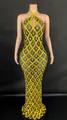 Elegant yellow halter neck floor-length pageant dress with teardrop rhinestones on mannequin - Yellow Zircon
