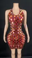 Detail shot of red halter mini dress featuring sparkling gold and silver diamond sequins - S / Top And Bottom / Red