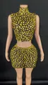 High-quality fashion sleeveless high neck rhinestone cropped top and mini skirt set gold - Black Base with Gold Rhinestones