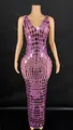 Detail view of a rose pink party dress featuring shimmering square mirror sequins - Bright Pink