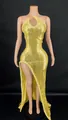 Glamorous gold sequin halter neck long dress featuring a sexy high slit and cutout design - S / Gold