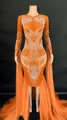 Sparkling orange stage performance dress featuring white rhinestone patterns and long tulle train - S / Orange