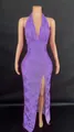 Robe longue à paillettes violettes, licou et fente haute pour une allure sexy - Violet Foncé