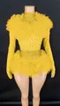 Sparkling yellow rhinestone bodysuit with ruffled mesh for performance and party - Yellow