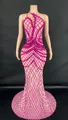 Elegantes, bodenlanges Ein-Schulter-Abendkleid mit rosa Pailletten-Gittermuster - S / Unterteile / Dunkelrosa