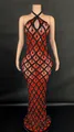 Elegant red halter neck floor-length pageant dress with black mesh and teardrop crystals - Black Zircon